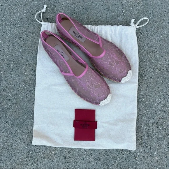 Valentino Garavani pink lace and leather espadrille flats size IT 36 US 6 NEW